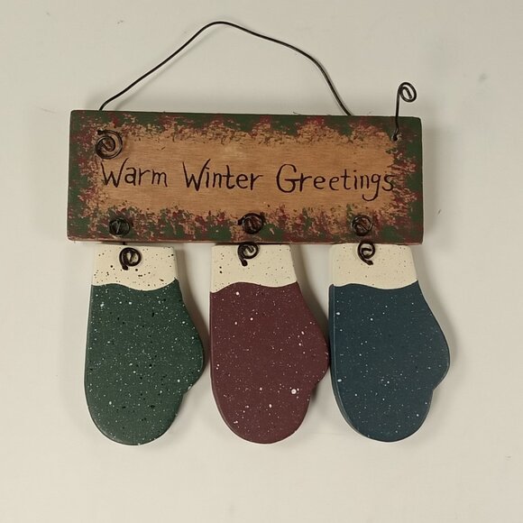 "Warm Winter Wishes" 3 Mittens Wire Hanger Wooden Painted Christmas Ornament - Picture 1 of 3